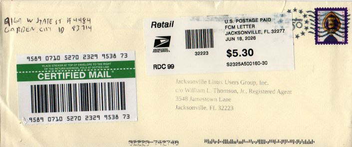 Christian McLaughlin Mail Fraud - Certified Mail using Idaho Address Mailed from Jax