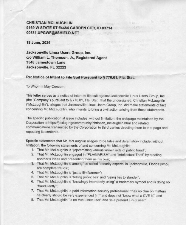 Christian McLaughlin Notice of Intent to File Suite Page 1
